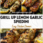 Grilled Lemon Garlic Chicken Spiedini skewers sizzling on a grill with fresh herbs and lemon slices.